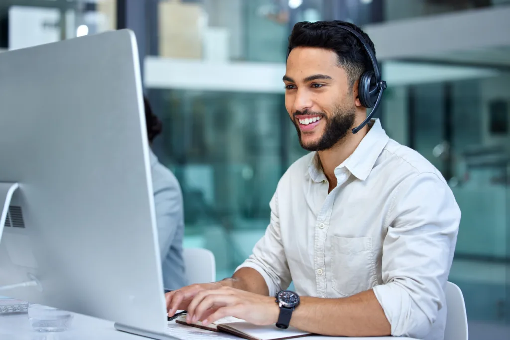businessman using a computer in a call center